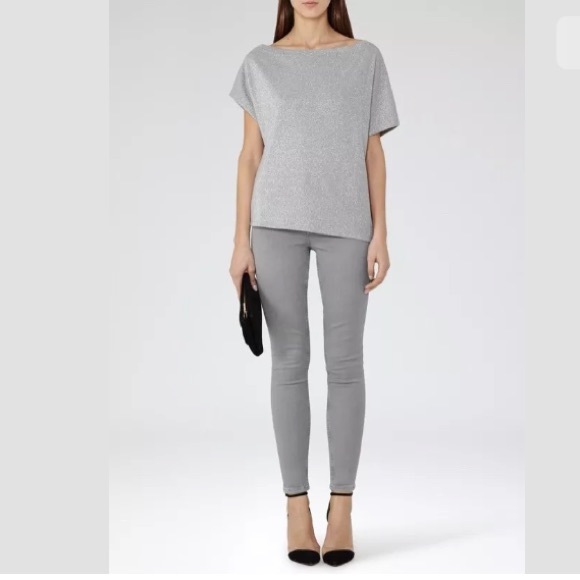 REISS Short Sleeve Metallic Silver Top - Picture 2 of 8